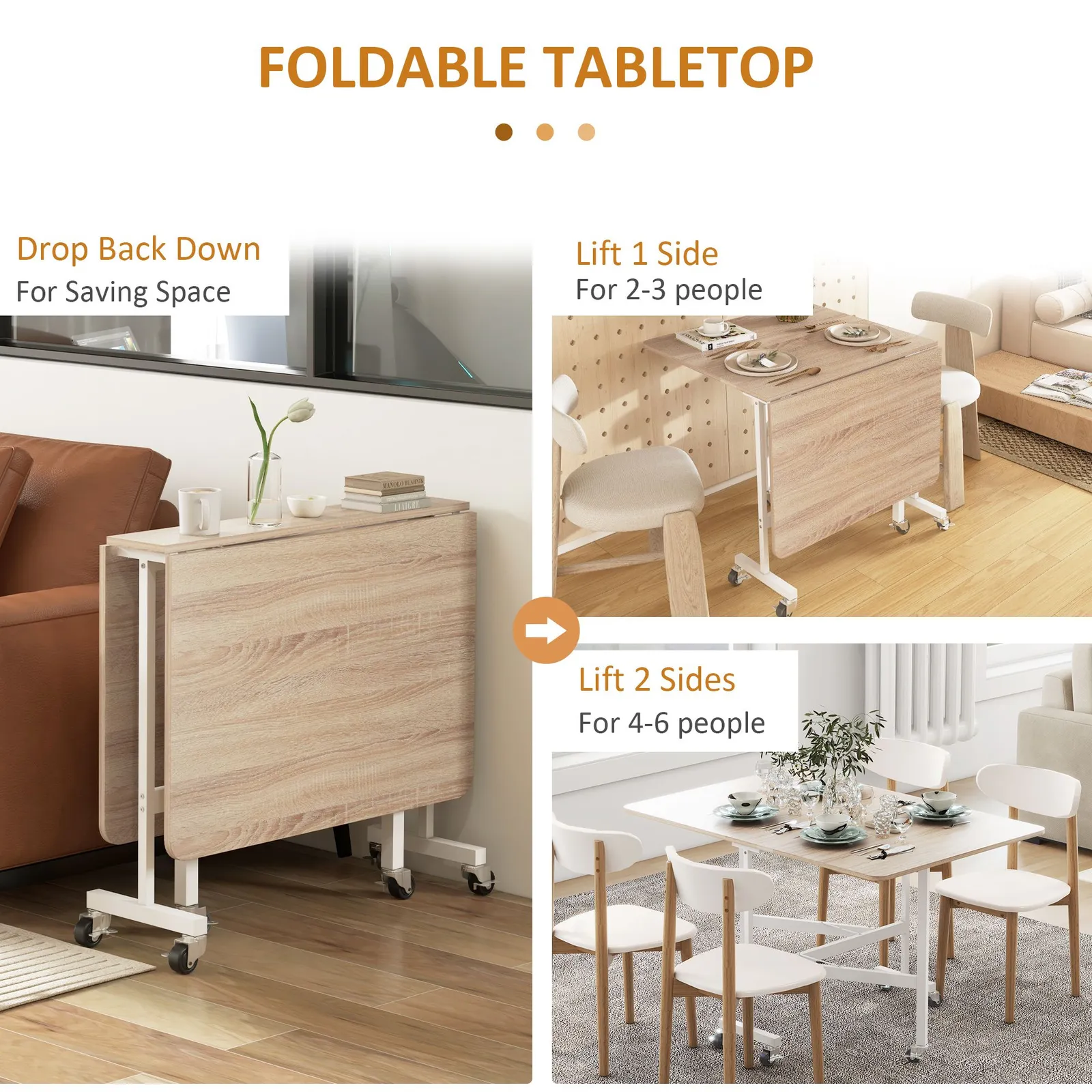 HOMCOM Drop Leaf Table, Folding Dining Table with Metal Frame, Rolling Kitchen Dining Table for Small Spaces, 120cm in Natural 5