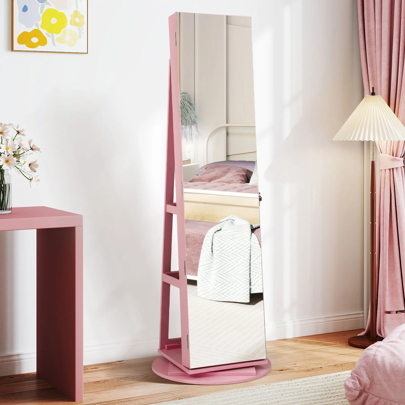 Costway 360° Rotating Jewelry Armoire Standing Jewelry & Makeup Cabinet in Pink 4