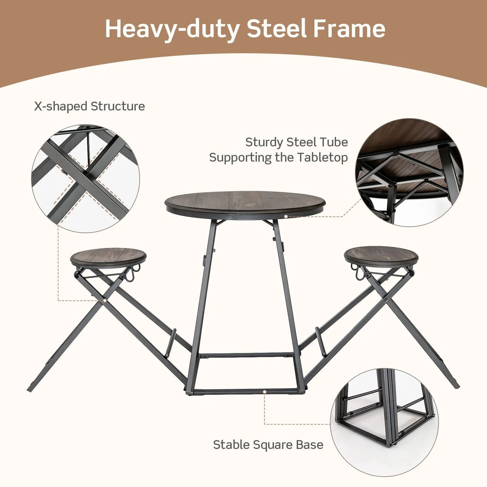 Costway 3-Piece Round Table & Stool Set Dining Bar Table w/ 2 Foldable Stools in Grey 6