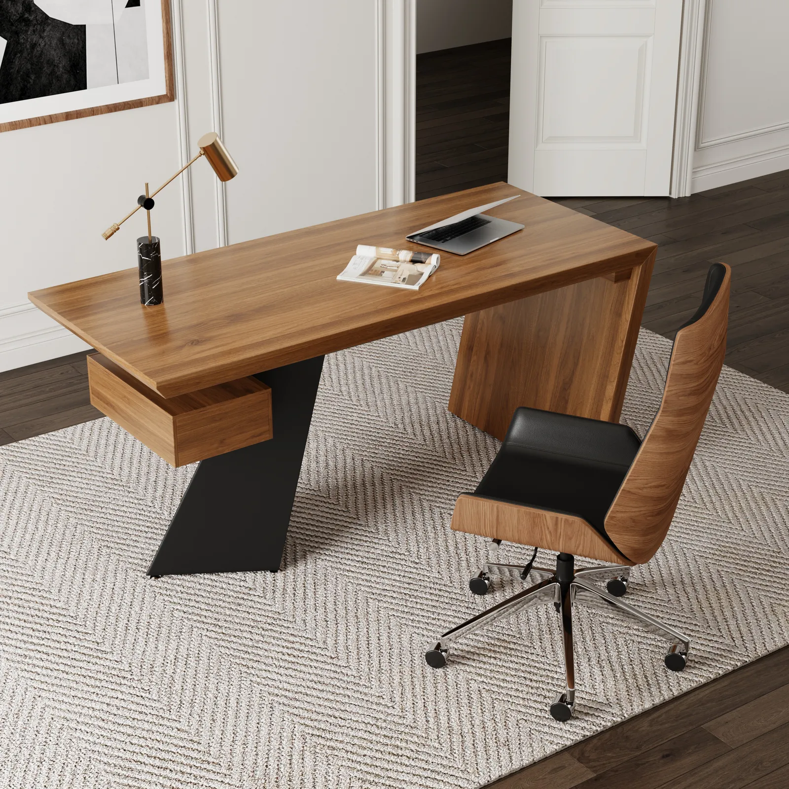 Set Industrial Distressed Wood Writing Desk Black Faux Leather Office Chair (70.9")