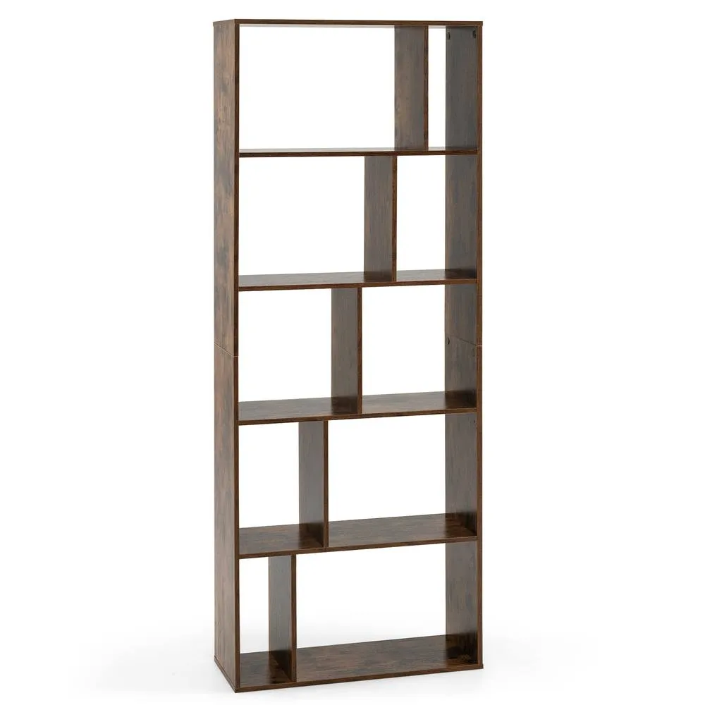 Costway 5-Tier Geometric Bookshelf with 10 Open Cubbies in Brown 1