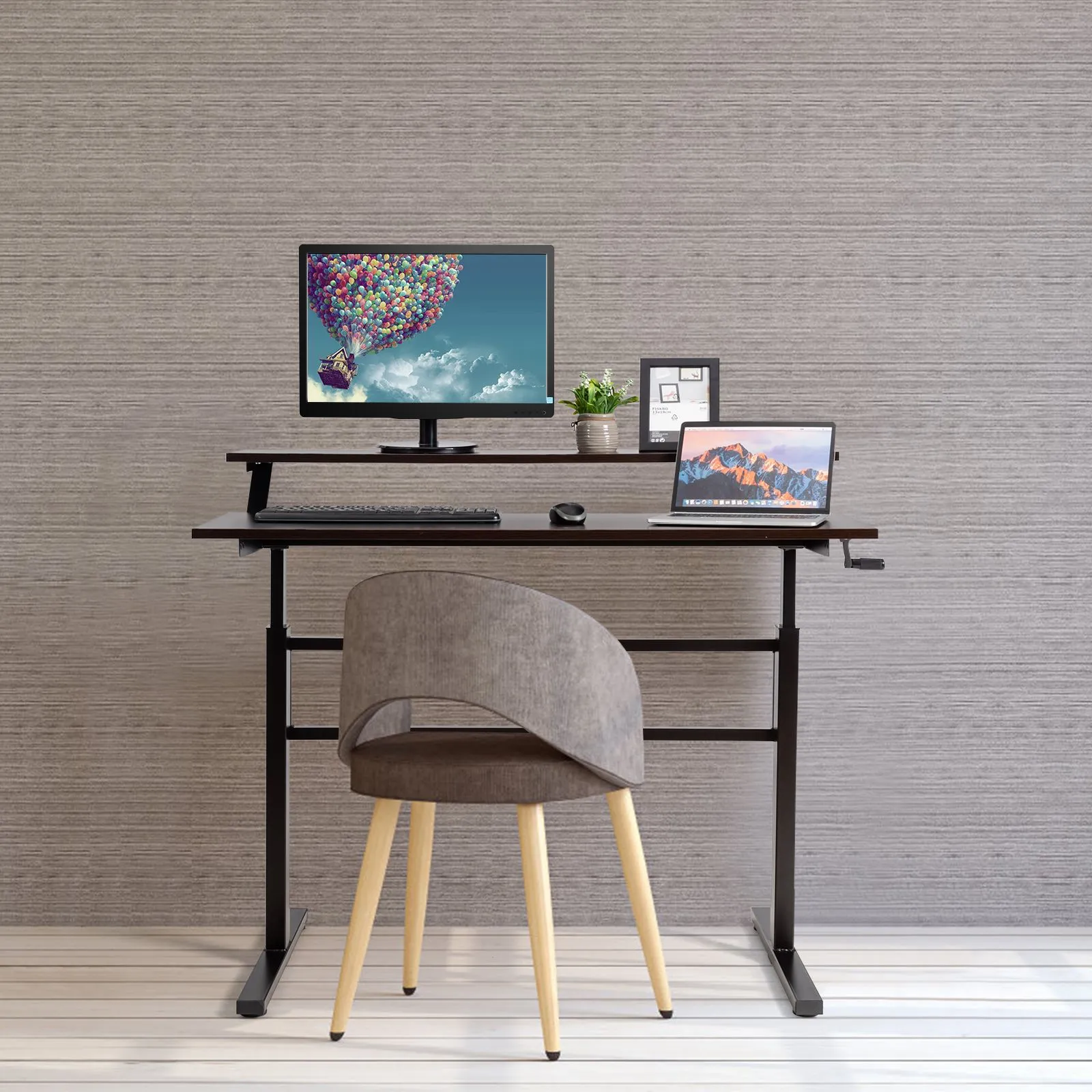 Costway 2-Tier Standing Computer Desk Sit to Stand Workstation Ergonomic Computer Table in Brown 5