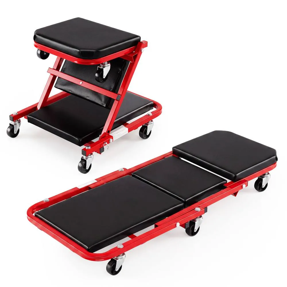 Costway 2-in-1 Rolling Folding Z Creeper Seat 40 Inch Roller Garage Chair in Red 3