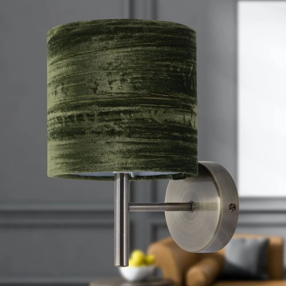 First Choice Lighting Brea - Antique Brass Wall Light with Green Crushed Velvet Shade in Gold 4