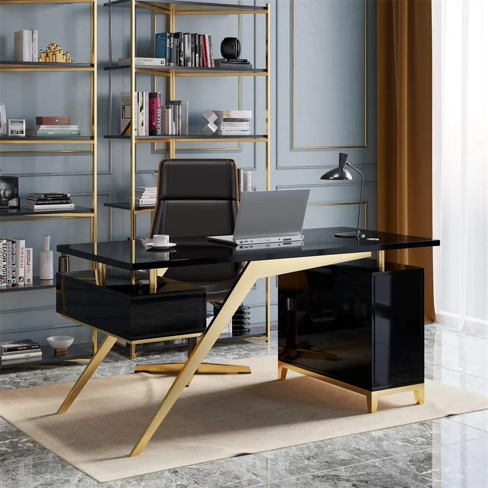 Hungled 180 cm Modern Black & Gold Office Wood Executive Desk with Storage File Cabinet