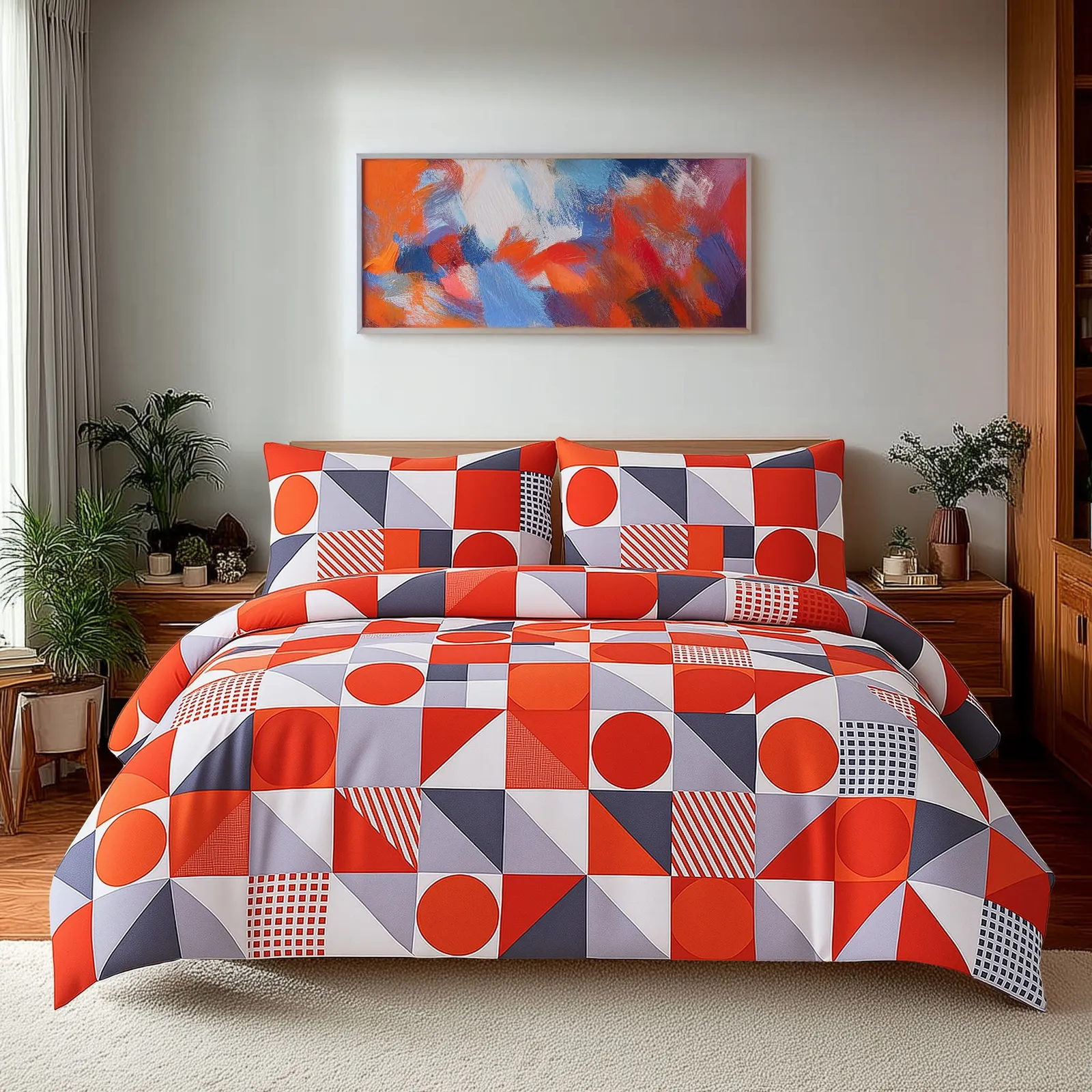 Snug City Duvet Cover & Pillowcase Set Print Shape Design Polycotton Bed Linen in Red