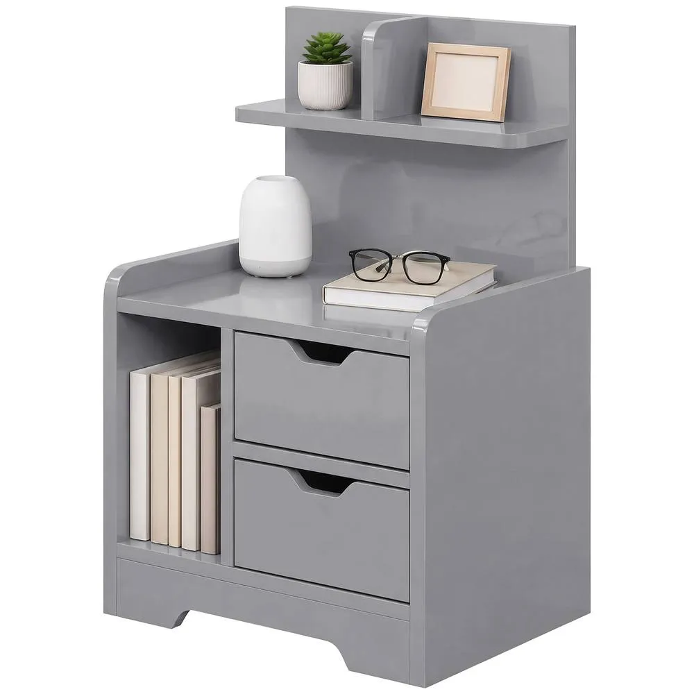 HOMCOM Modern Bedside Table with 2 Drawers & Open Shelves for Bedroom in Grey
