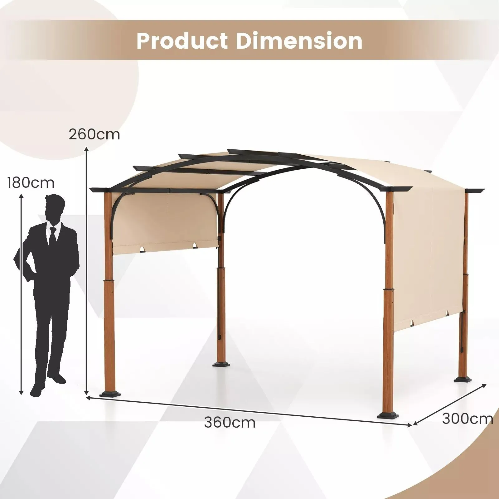Costway 300x360cm Retractable Pergola Arched Patio Pergola Outdoor Metal Gazebo in Beige 2
