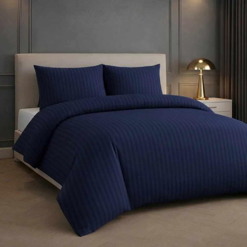 Grace Premium 2 Pack Embossed Stripes Double Duvet Cover Sets in Navy