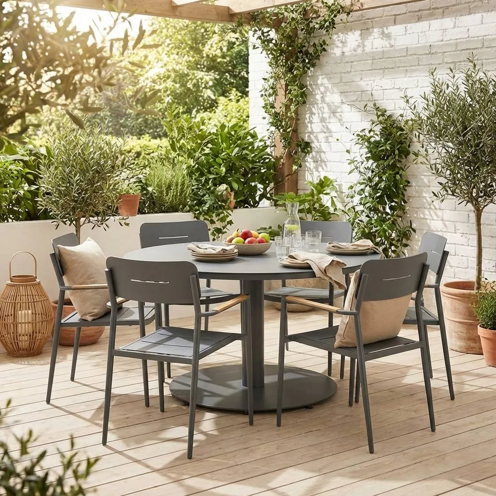 sweeek Round garden table aluminium + 6 armchairs in Dark Grey