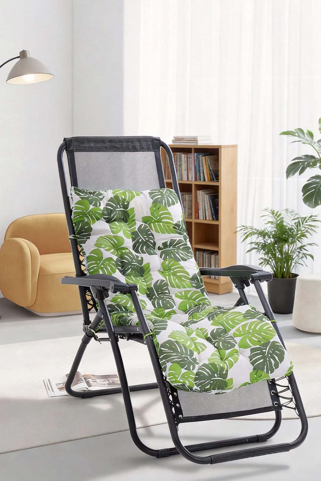 Living and Home 110cm L x 40cm W Banana Leaf Print Button Tufted Lounge Cushion Beach Chair Seat Cushion in Green