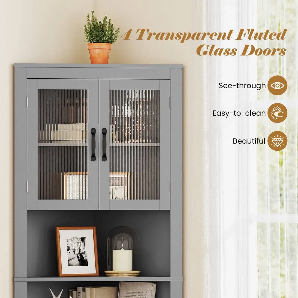 Costway 6-Tier Corner Storage Cabinet 170cm Tall Corner Hutch w/ 4 Glass Doors in Grey 5
