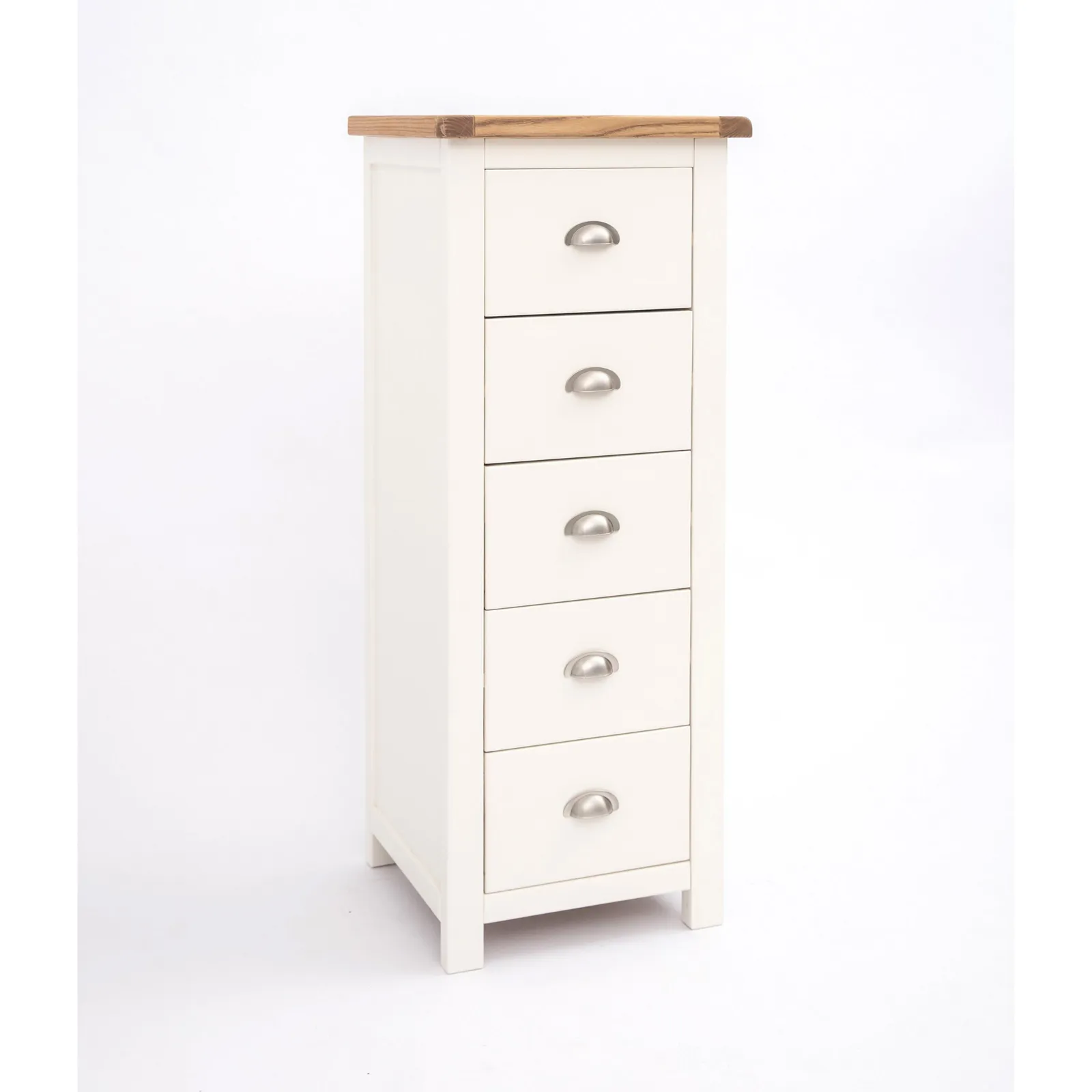 Cabinet Bits Lovere 5 Drawer Narrow Chest of Drawers Chrome Cup Handle in Off-White 3