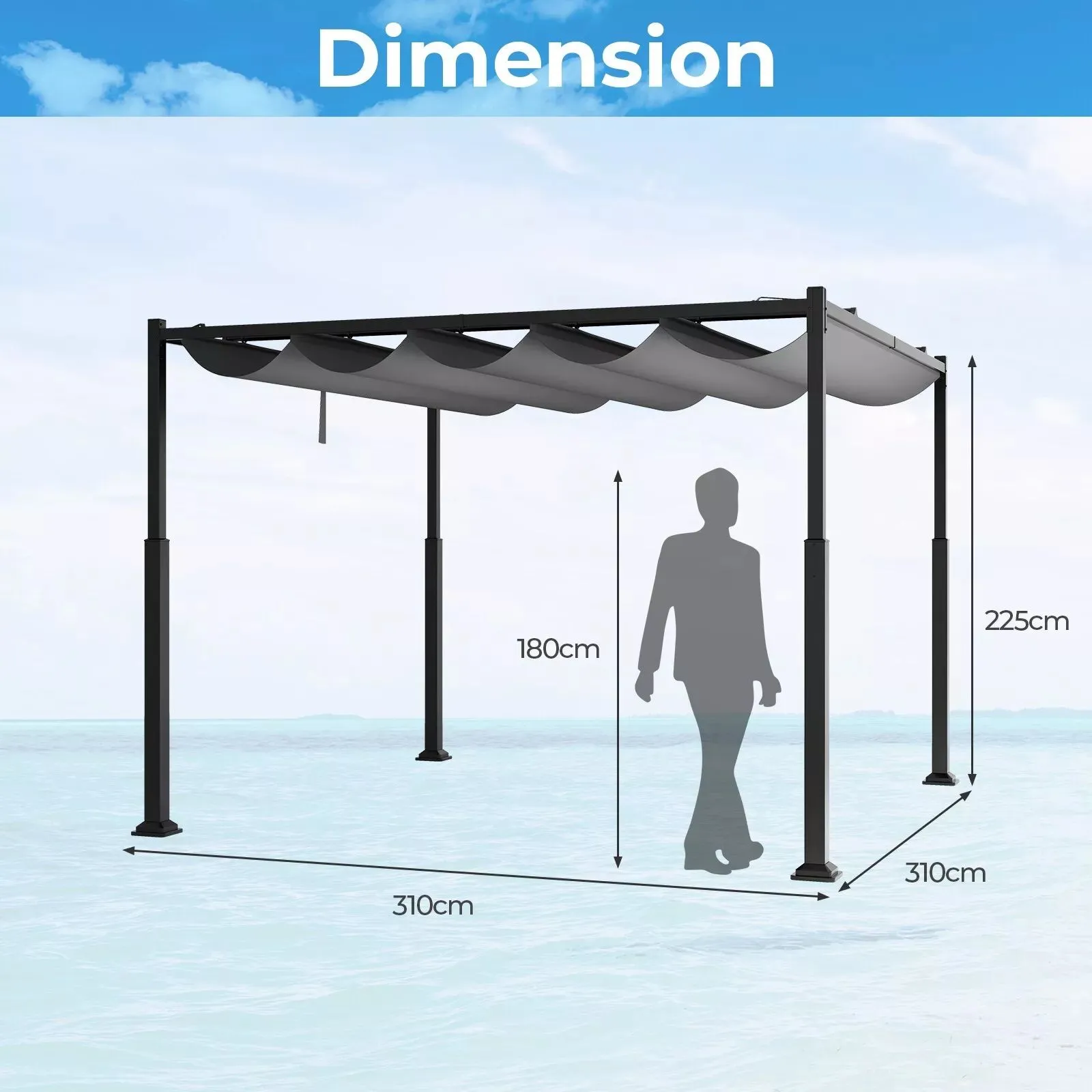 Costway 310x310cm Outdoor Pergola Heavy-Duty Metal Columns w/ Retractable Canopy in Grey 2