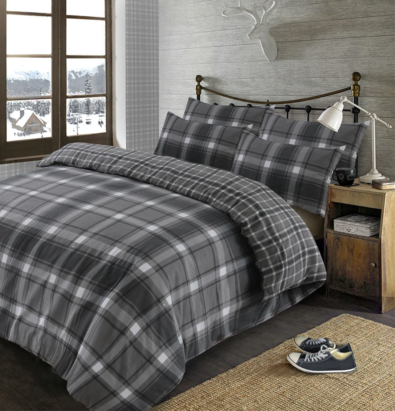 OHS Aspen 100% Brushed Cotton Duvet Cover with Pillowcase in Grey