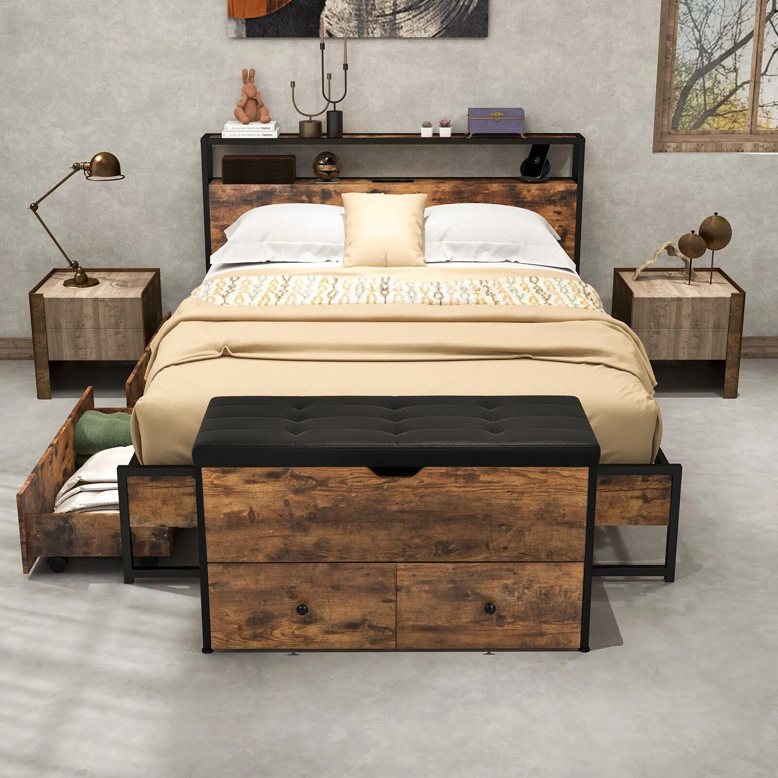 Costway Wooden Storage Ottoman Bench Flip Top Storage Chest w/ 2 Drawers in Brown 5