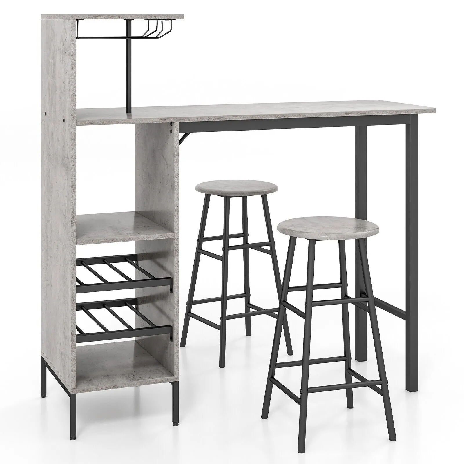 Costway 3PCS Bar Table & 2 Stool Industrial Kitchen Dining Set W/ Wine Rack Glass Holder in Grey