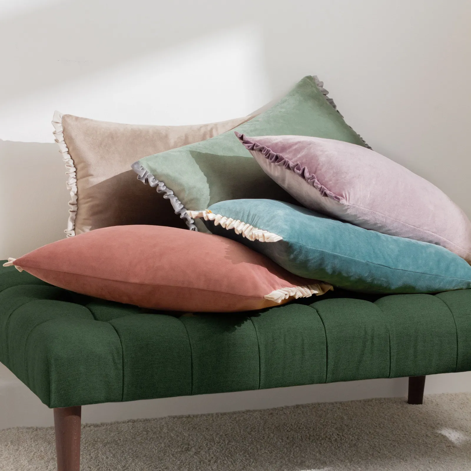 Wylder Tilly Velvet Frill Reversible Cushion in Peach 5