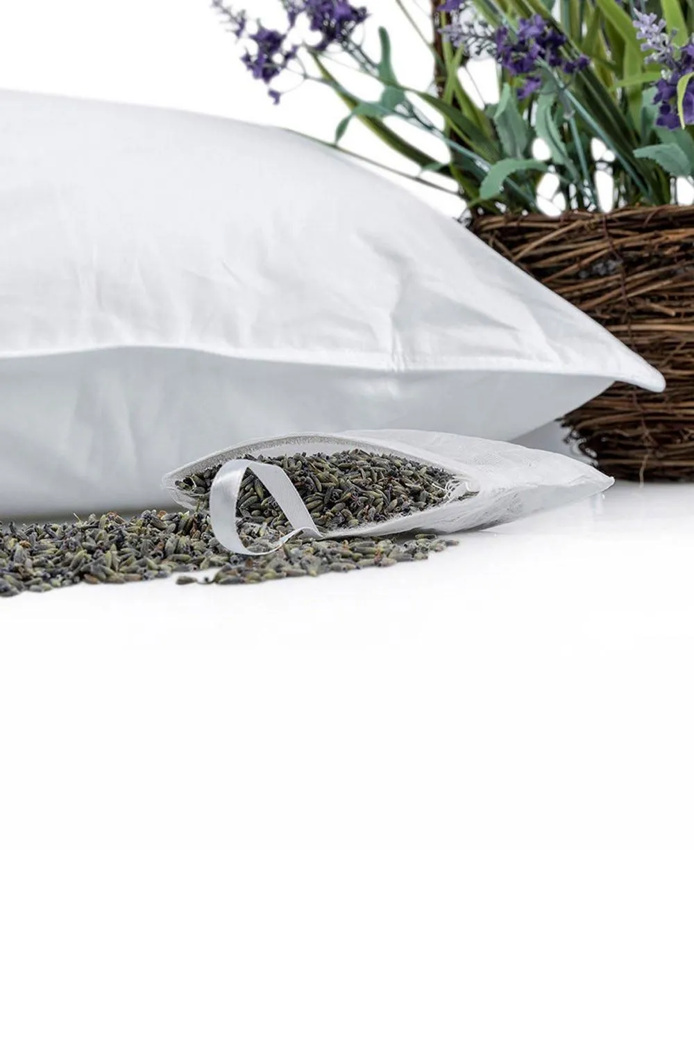 Homescapes Goose Feather & Down Lavender Pillow with Dried Lavender Insert in White 6