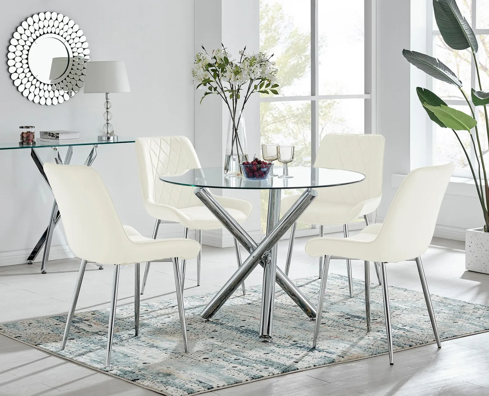FurnitureboxUK Selina Round Glass Chrome Leg Dining Table & Pesaro Silver Leg Chairs in Cream 1