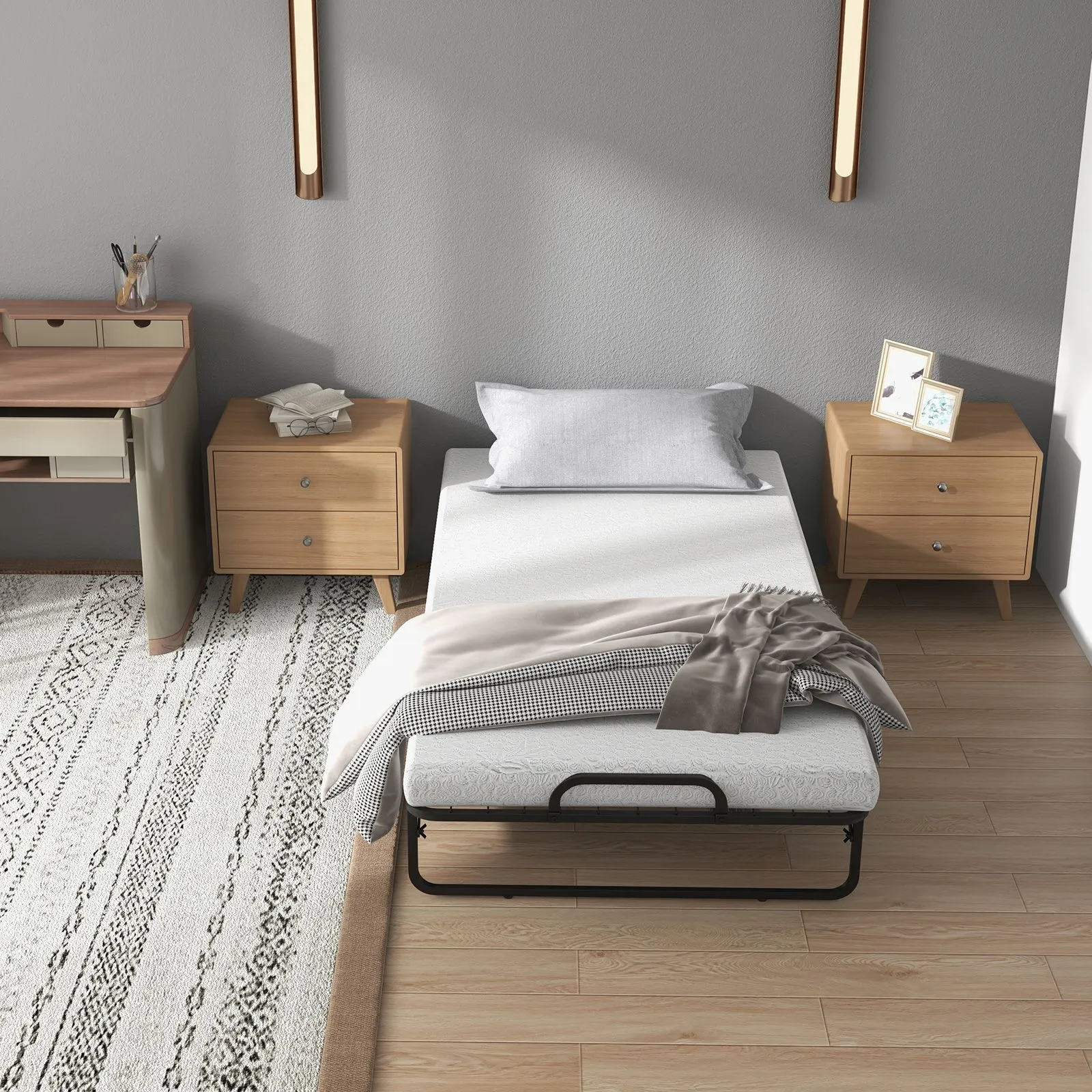 Costway Folding Bed Rollaway Guest Bed Fold up Sleeper Bed W/ 10cm Memory Foam Mattress & 4 Universal Wheels in White 6