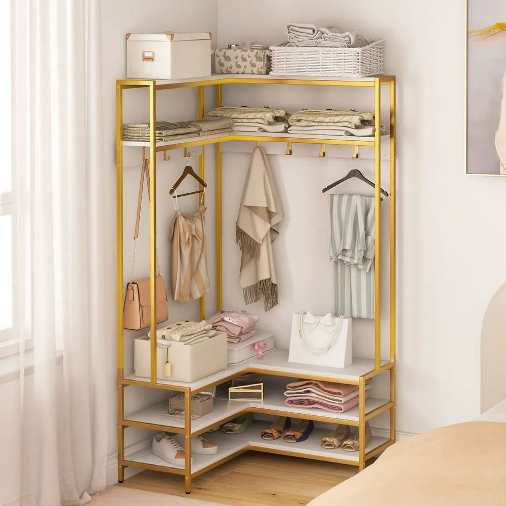 Costway Corner Garment Rack L-shaped Clothes Rack w/ Open Shelves-White in White 3