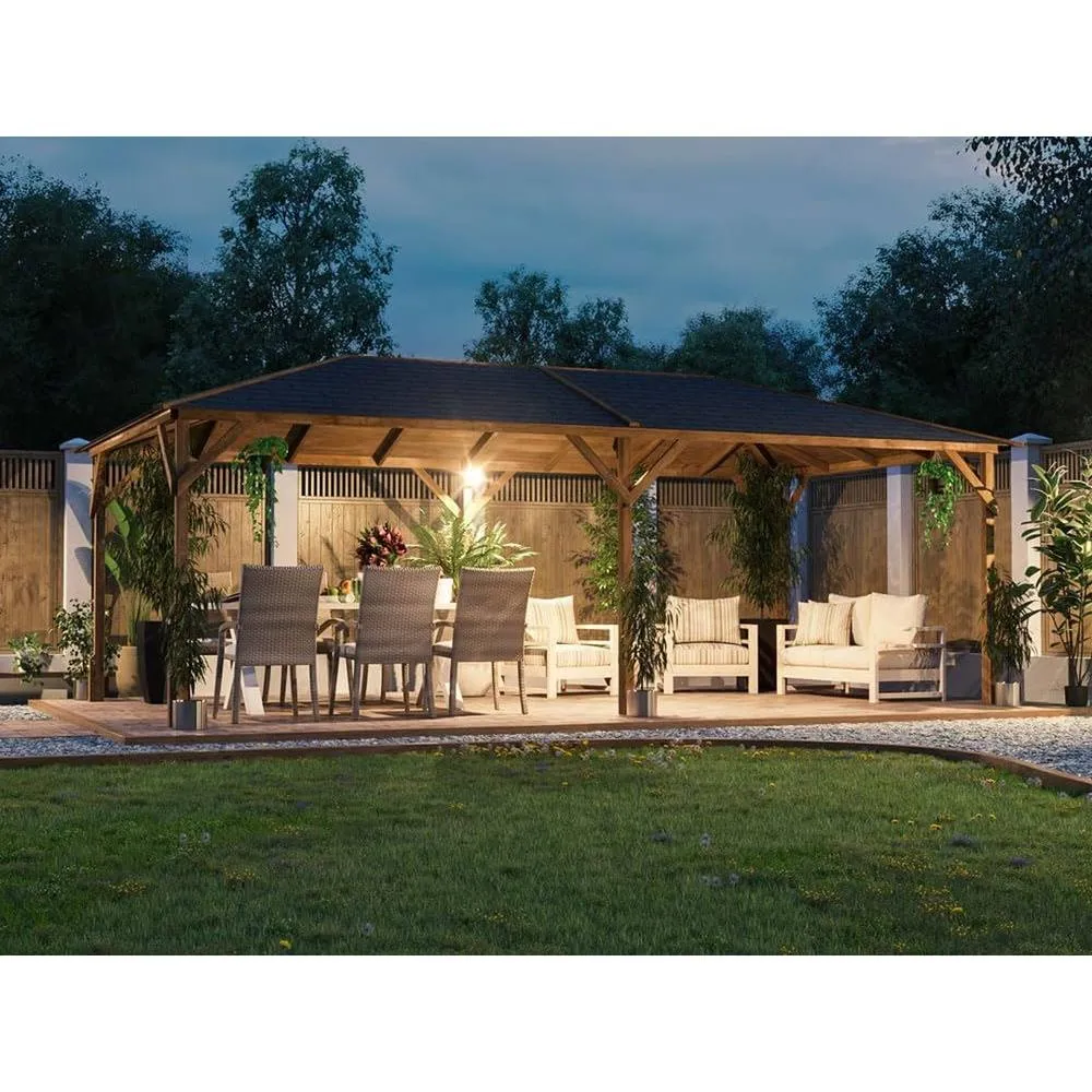 Dunster House Wooden Garden Gazebo 6x3m Hot Tub Shelter, Roof Shingles, Utopia 630 in Brown 3