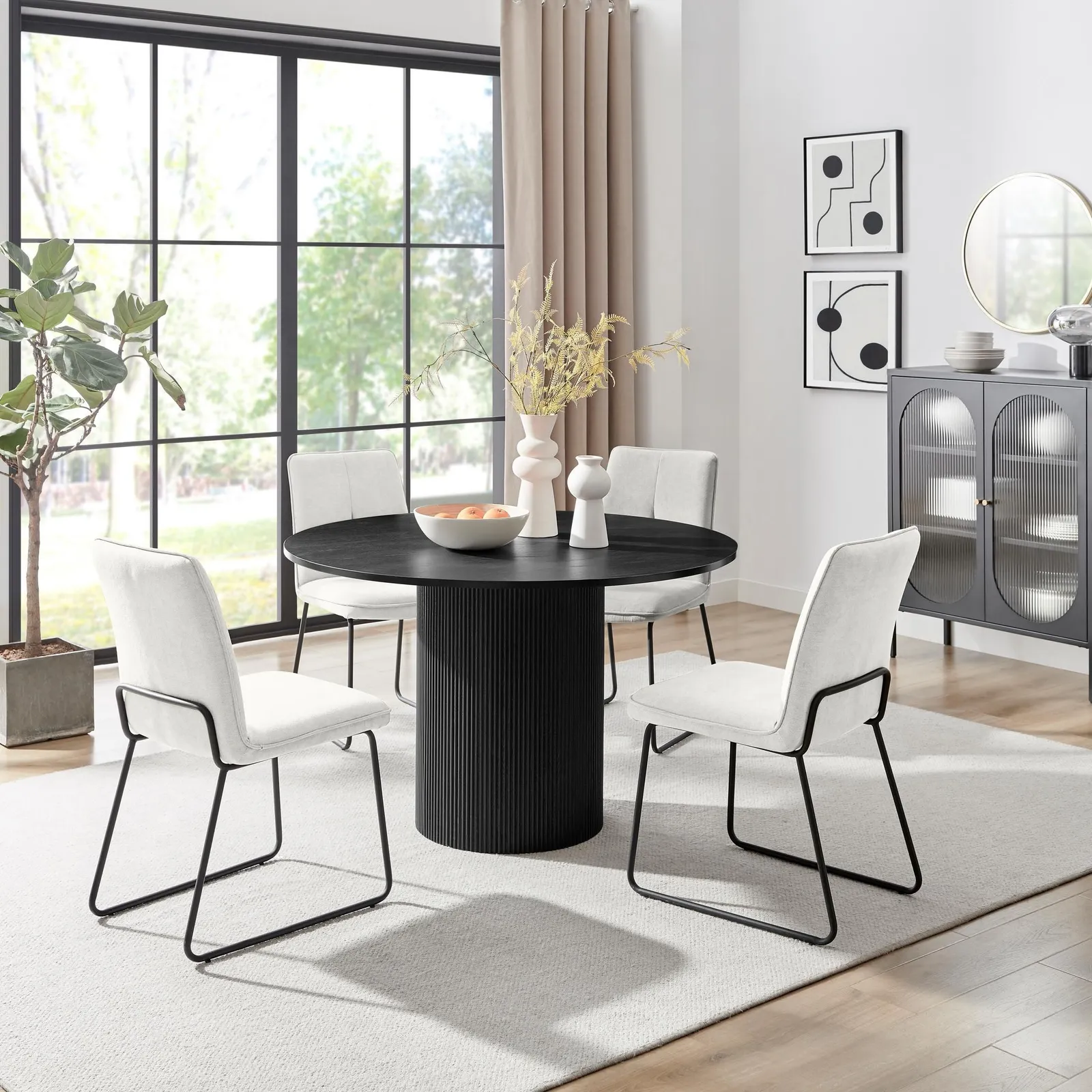 FurnitureboxUK Penrose Black Round Dining Table & 4 Halleyy Chairs in Cream 1