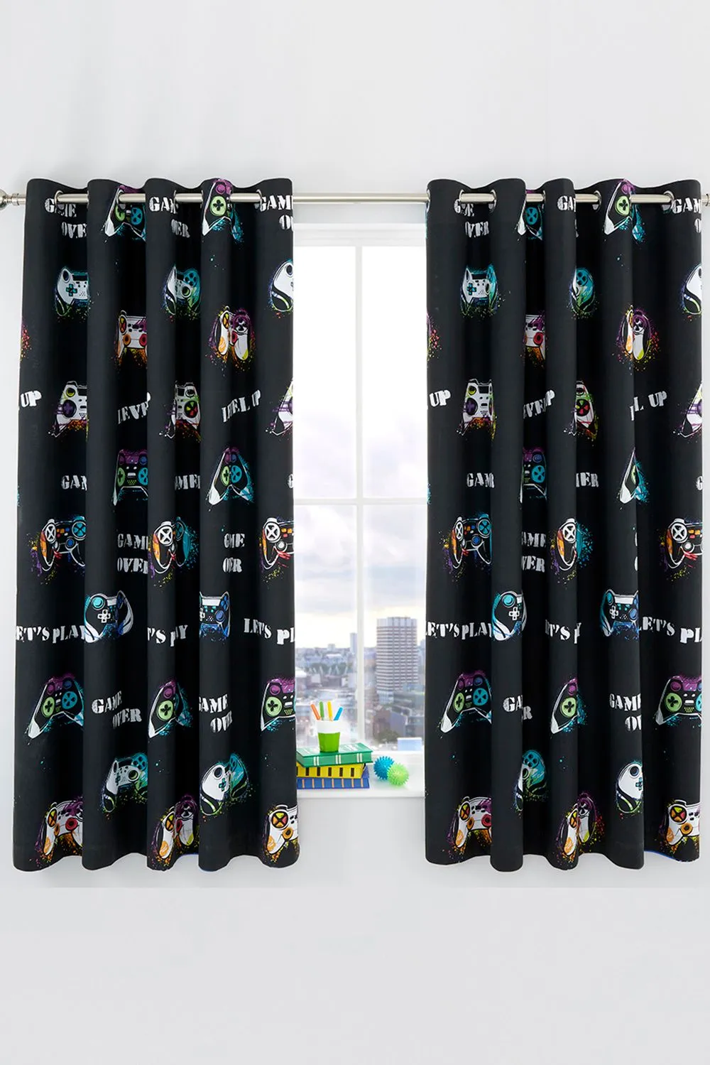 Catherine Lansfield 'Game Over' Reversible Lined Eyelet Curtains in Black