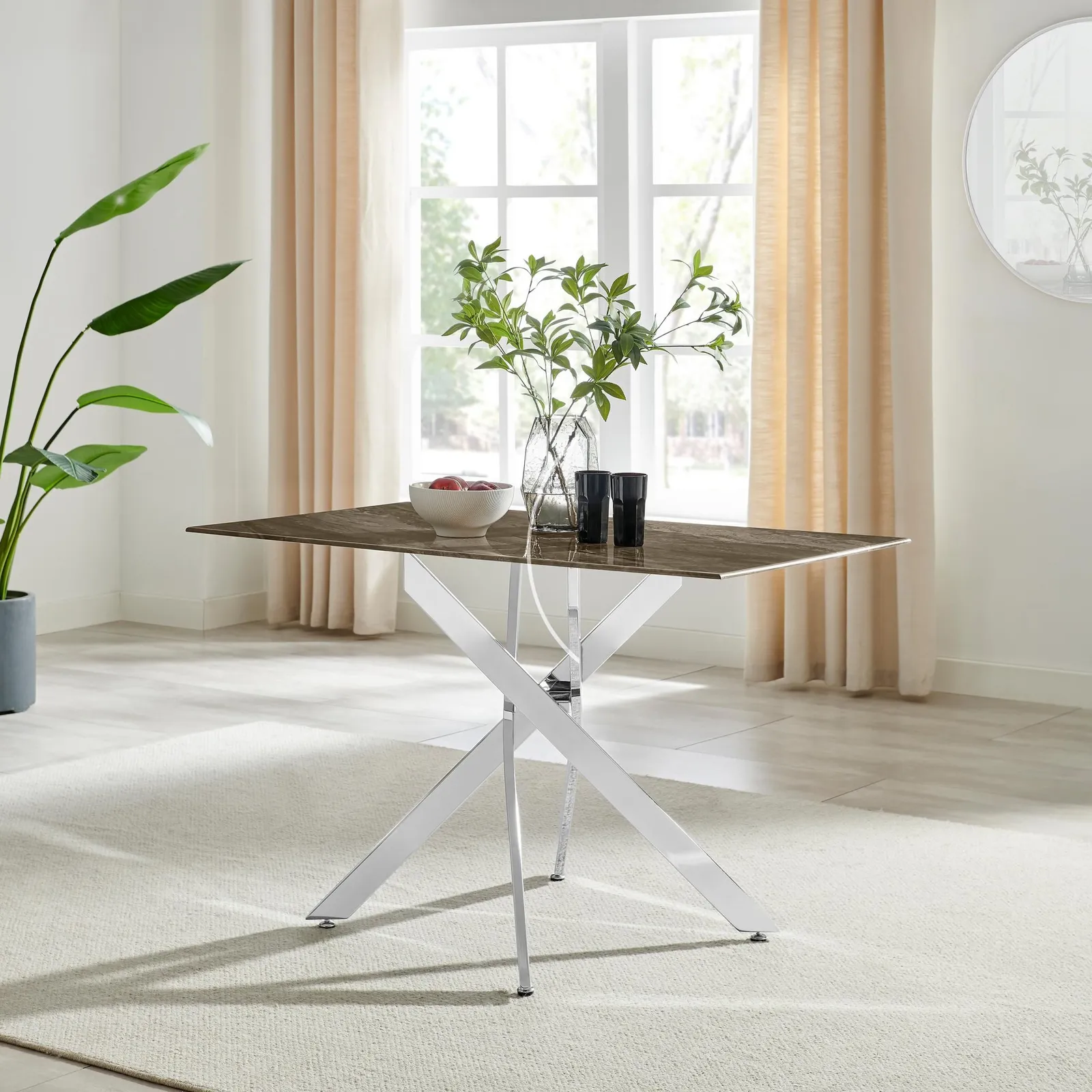FurnitureboxUK Leonardo 4-Seater Dining Table With Marble Effect Glass Top & Silver Metal Legs in Dark Brown 2