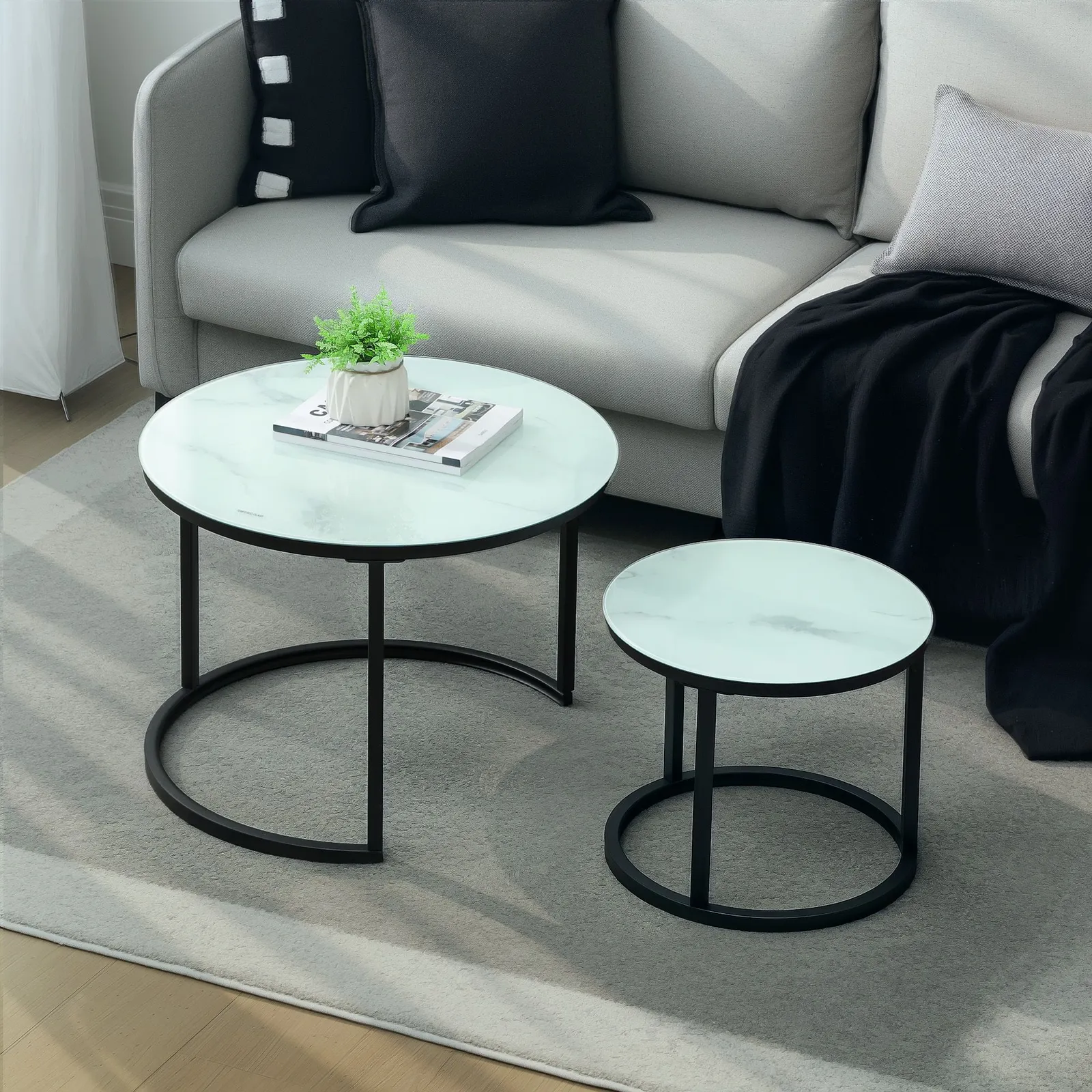 HOMCOM Glass Coffee Table Set of 2, Round Nest of Tables, White