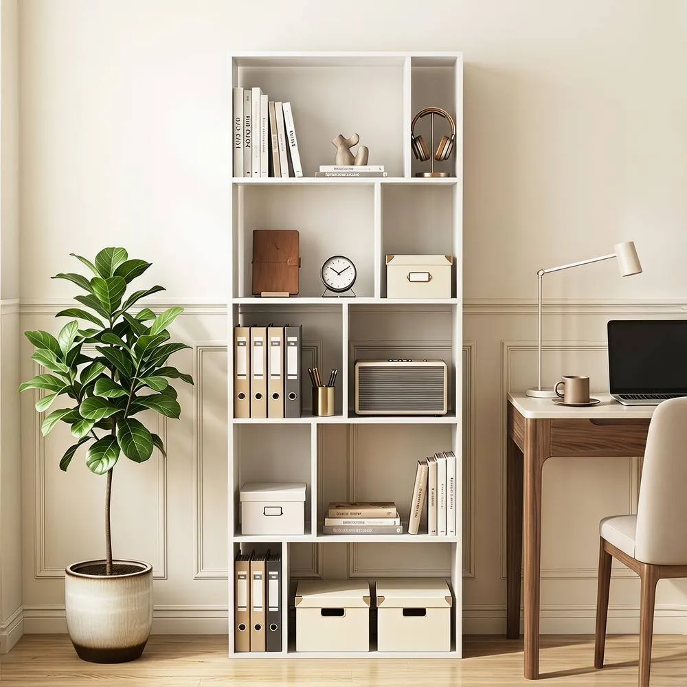 Costway 5-Tier Geometric Bookshelf with 10 Open Cubbies in White 4