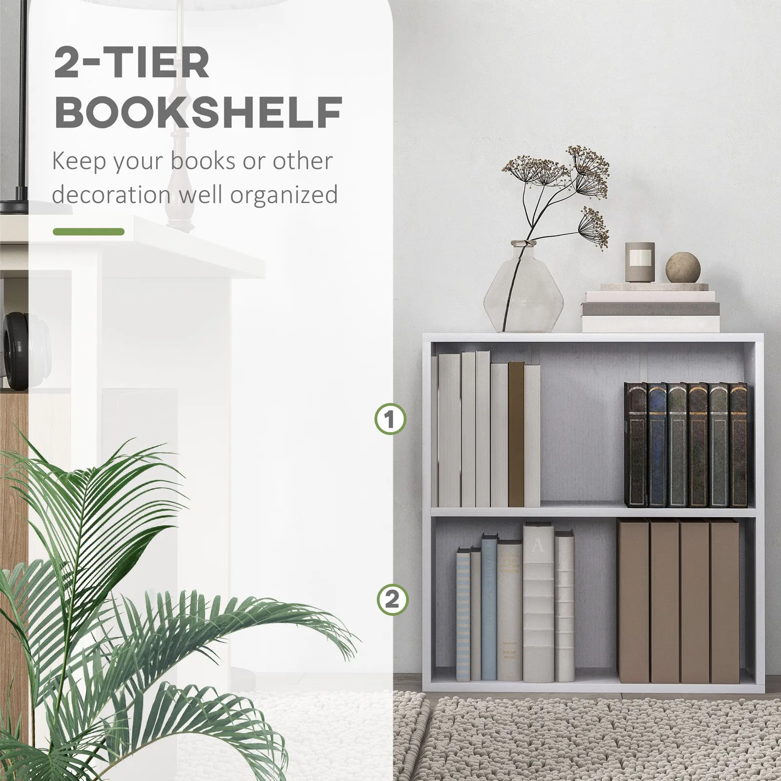 HOMCOM Bookshelf Display Storage Shelf with 2 Compartments for Study in White 5