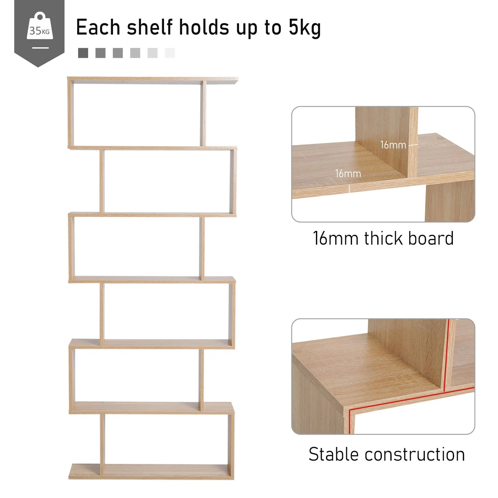HOMCOM Storage Shelf Modern S-Shape Design Stand Unit Storage Display for Home in Light Oak 4