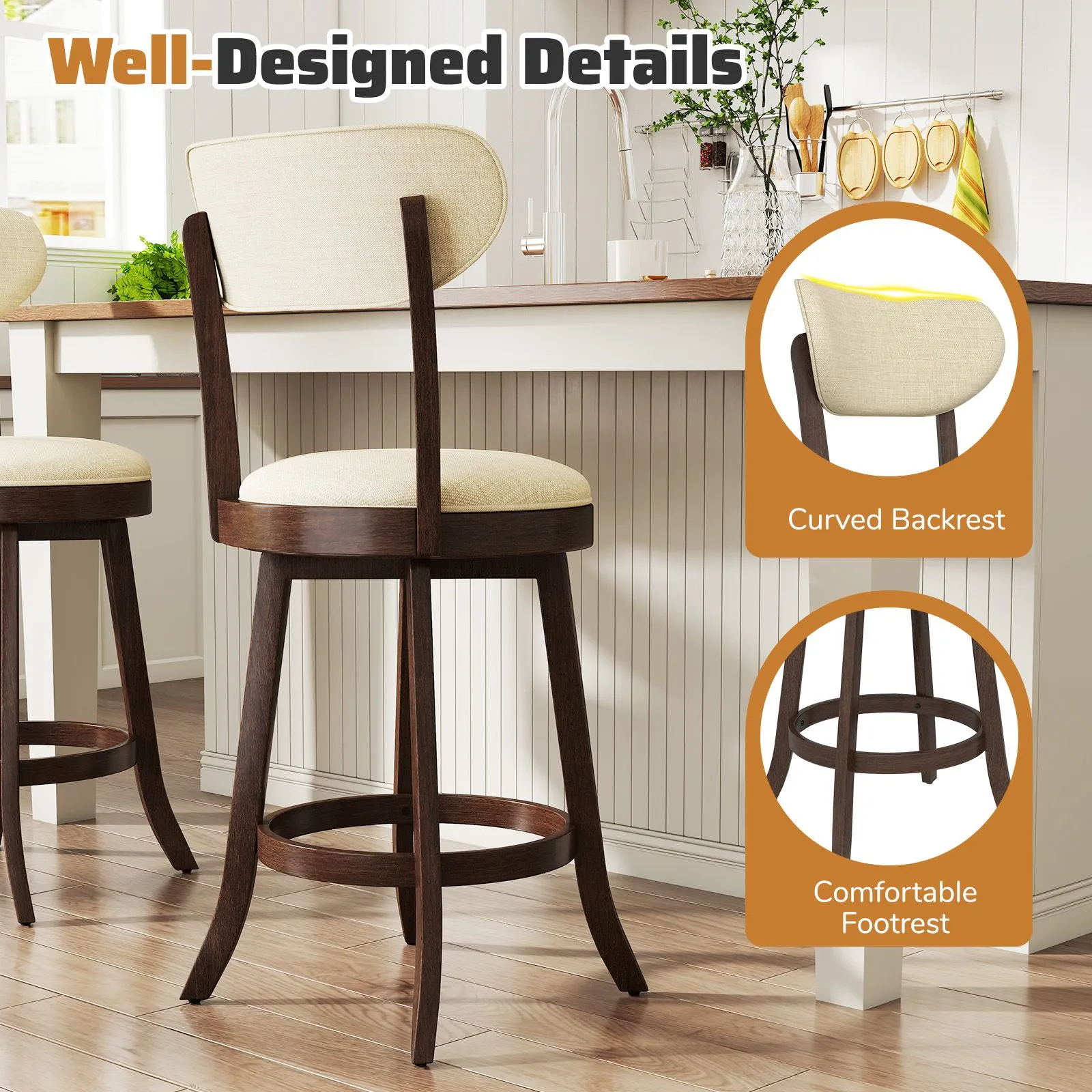 Costway 64CM Counter Height Chairs Set of 2 Swivel High Stool in Beige 5