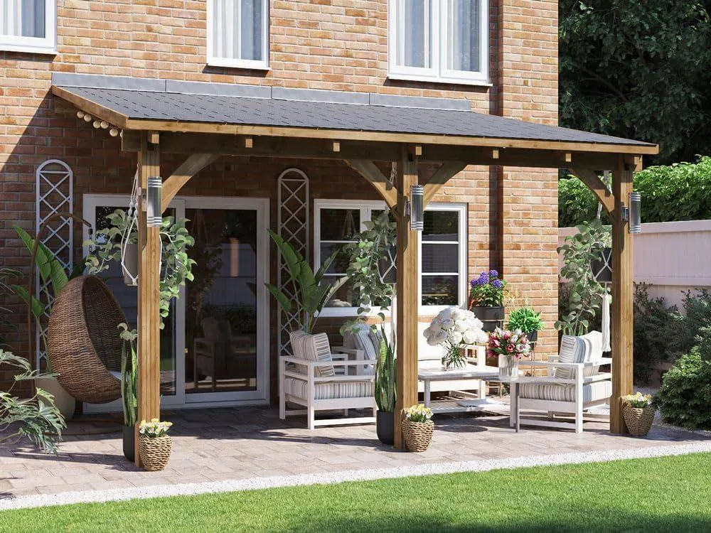 Dunster House Lean To Wooden Gazebo Canopy with Shingles 4m x 3m - Leviathan in Brown