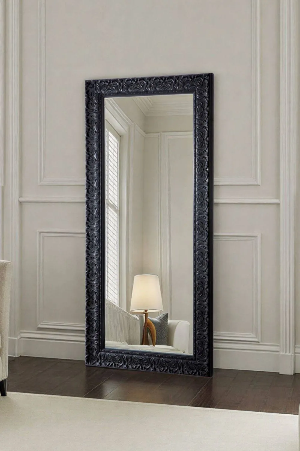 Yearn Mirrors Carved Framed Bevelled Tall Mirror Black 138x62cm