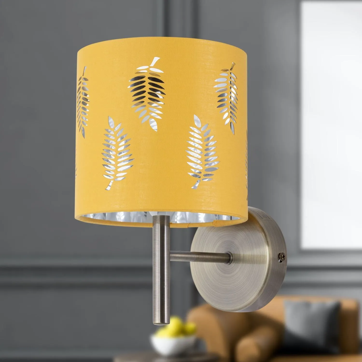 First Choice Lighting Brea - Antique Brass Wall Light with Ochre Fern Shade in Gold 4
