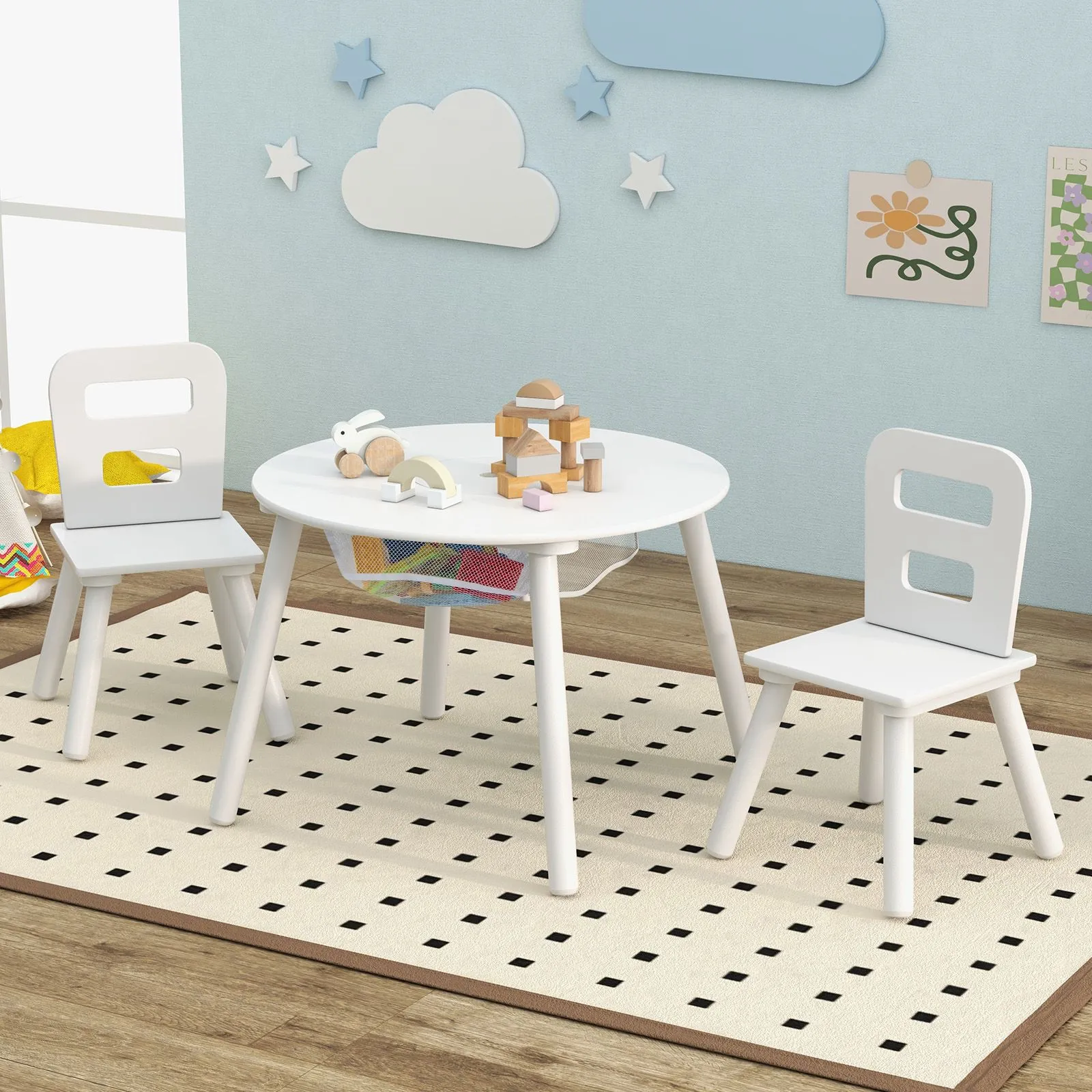 Costway Round Table & Chair Set 3 Pcs Wooden Activity Table in White