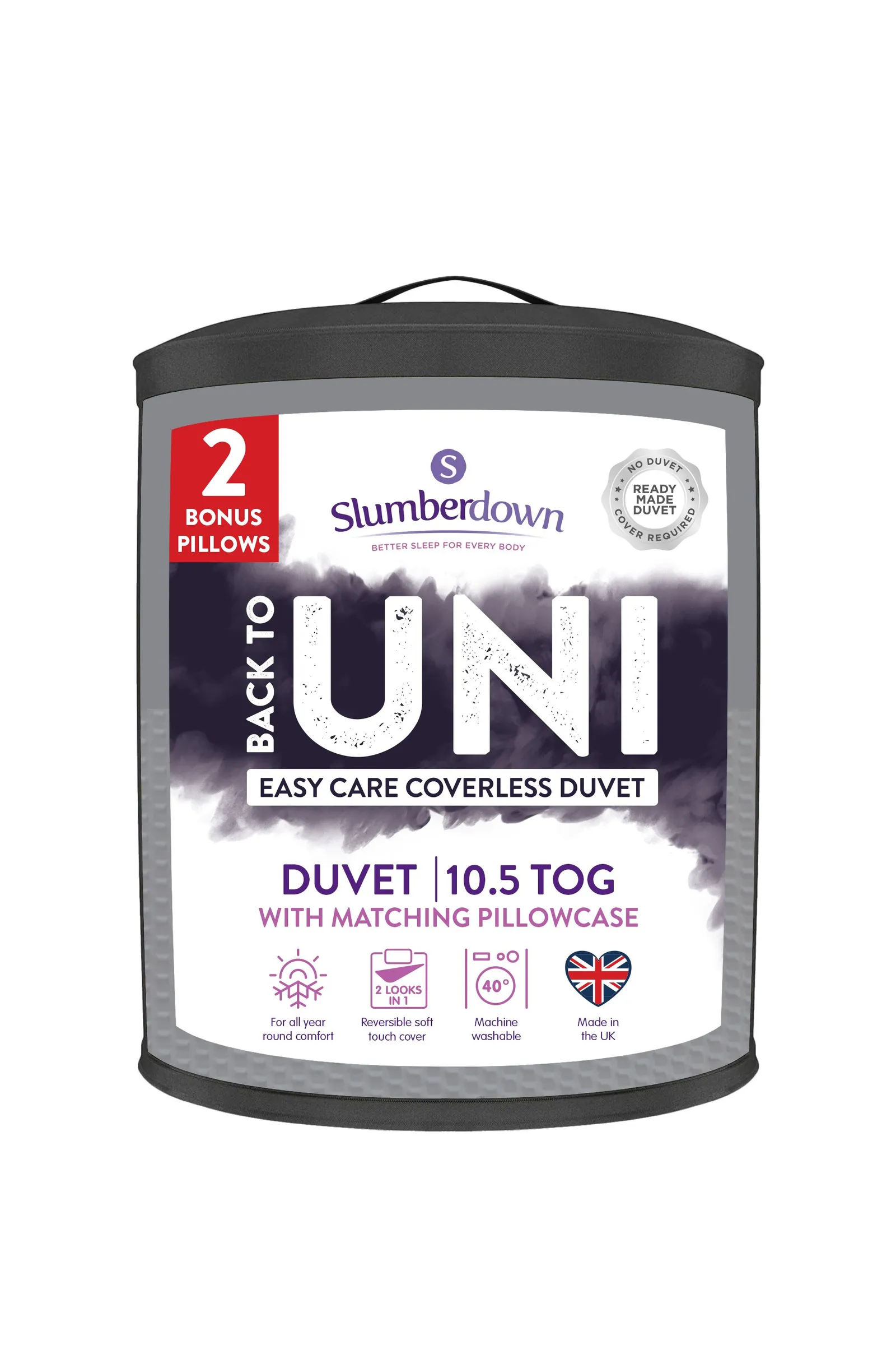 Slumberdown Back to Uni Embossed Waffle 10.5 Duvet, 2 Medium Pillows in Grey