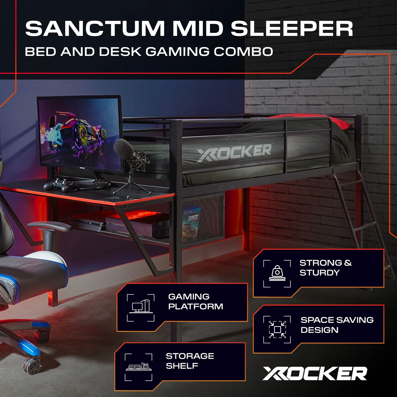 X Rocker Sanctum Mid Sleeper Bunk Bed with Gaming Desk & Underbed Space in Black 2