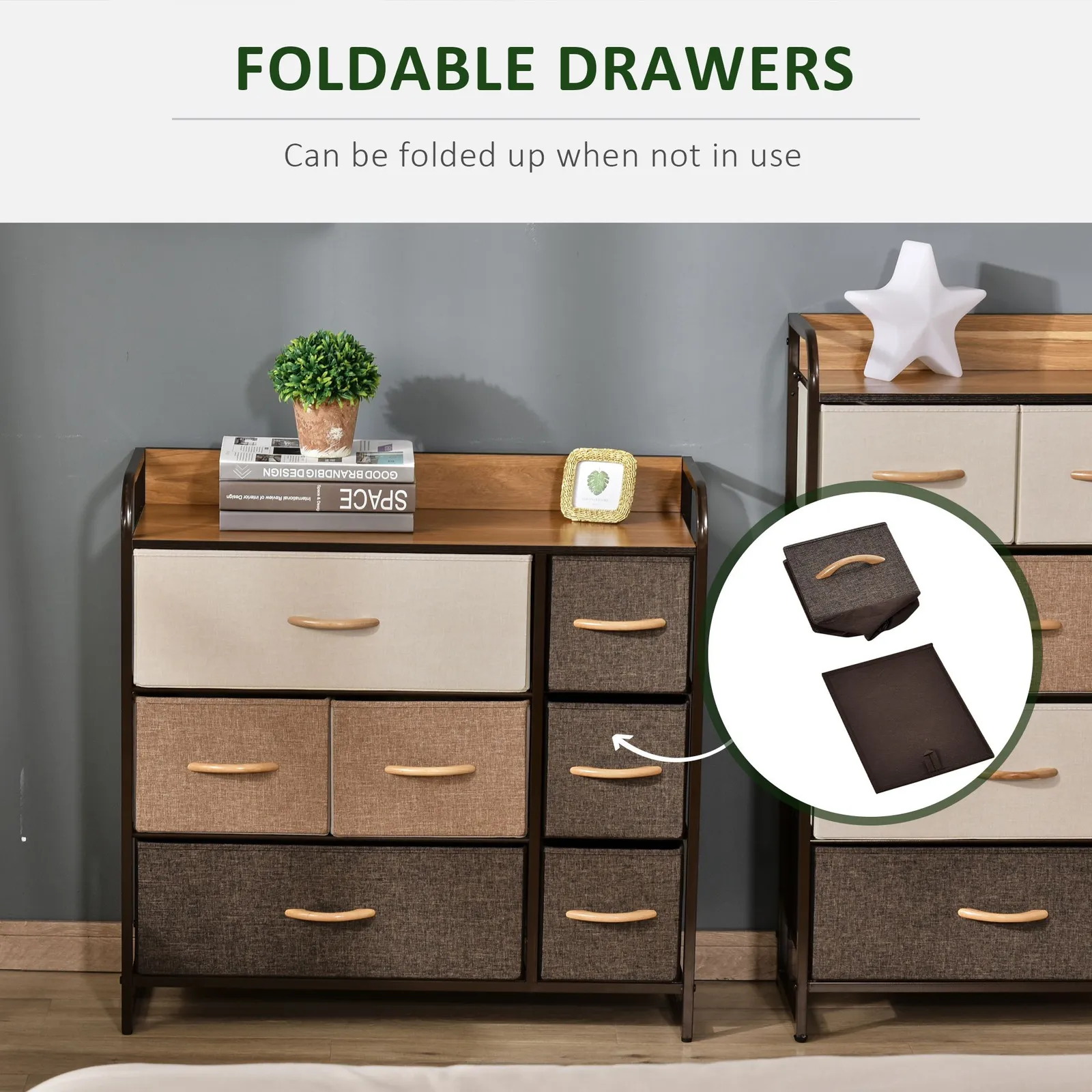 HOMCOM 3-Tier Fabric Bedroom Dresser with 7 Foldable Drawers, Multi-Colored in Brown 5