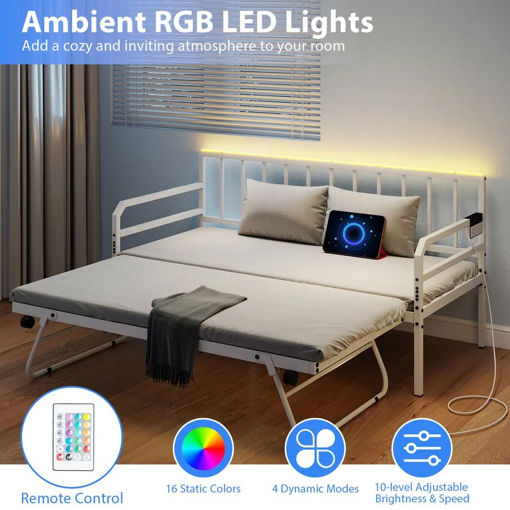 Costway Single Size Daybed with Charging Station & LED Lights in White 5