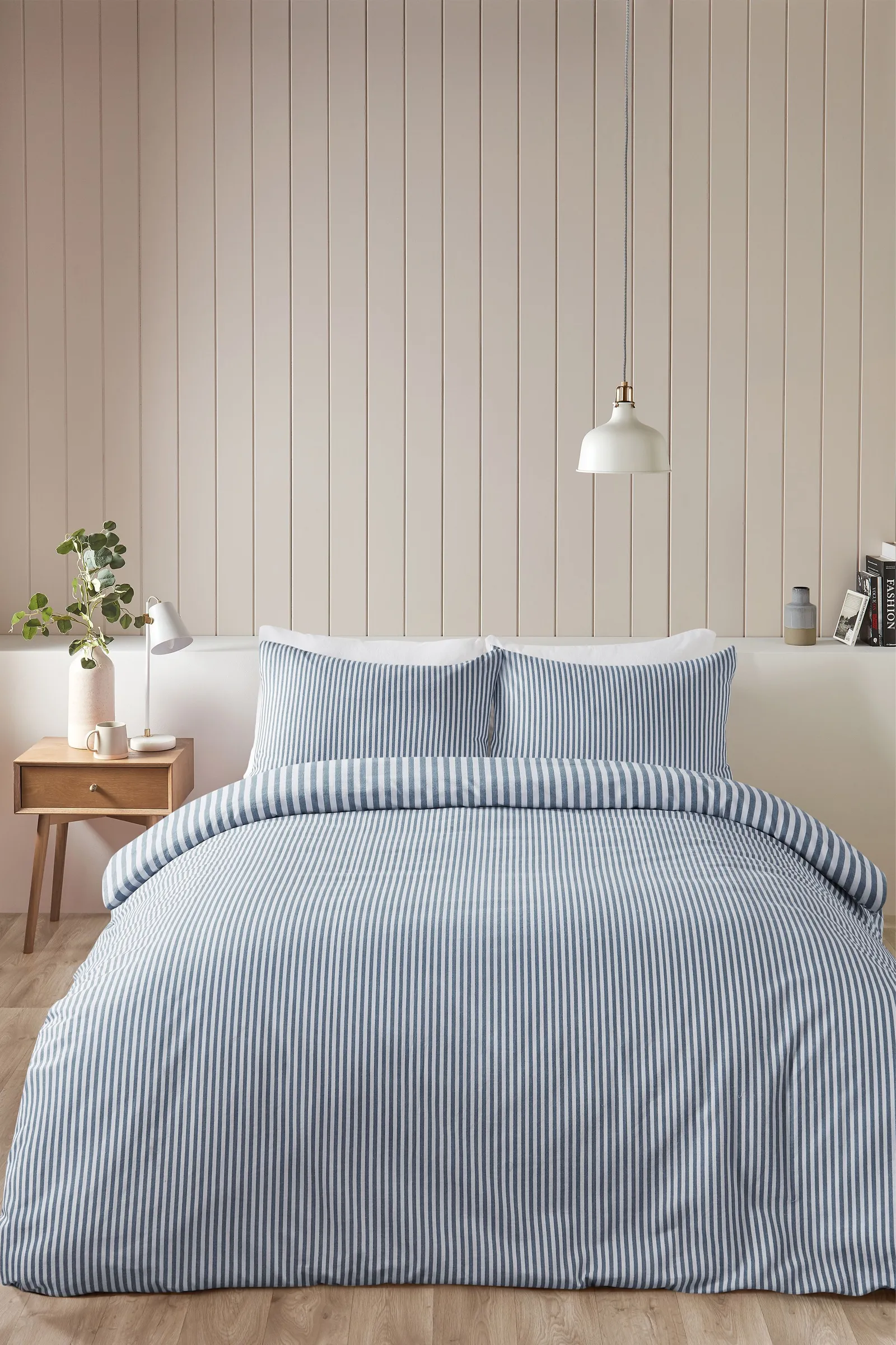 Catherine Lansfield Brushed Stripe 100% Cotton Duvet Cover Set in Blue 2