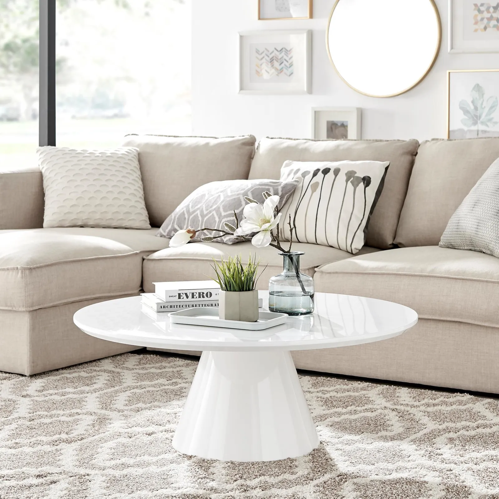 FurnitureboxUK Palma Round Coffee Table with Pedestal Pillar Base & Semi-Matte or High Gloss Finish for Modern Minimalist Industrial Look in White