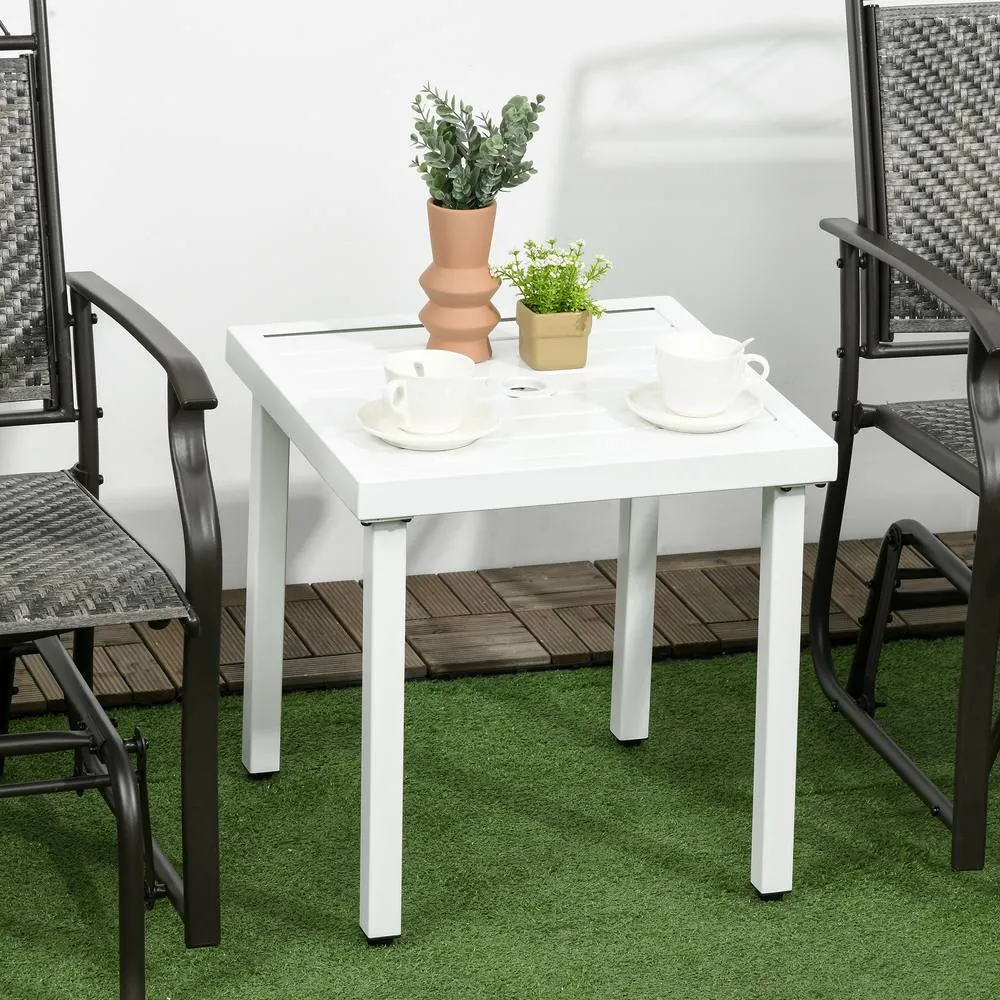 OUTSUNNY Garden Side Table Coffee Table with Umbrella Hole for Patio Balcony in White