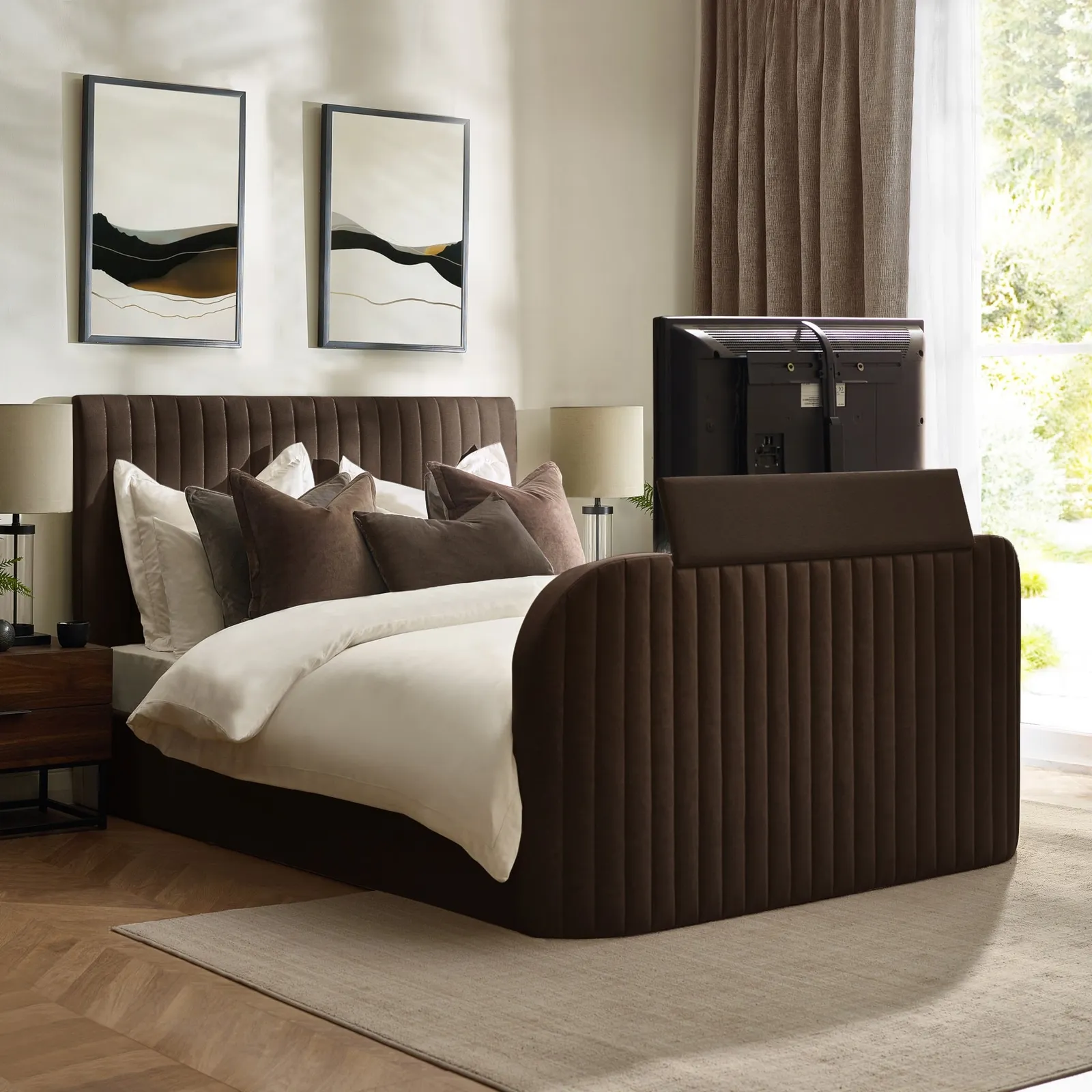 Hermione - Double - Ottoman Storage TV Bed - Brown - Fabric - 4ft6 1