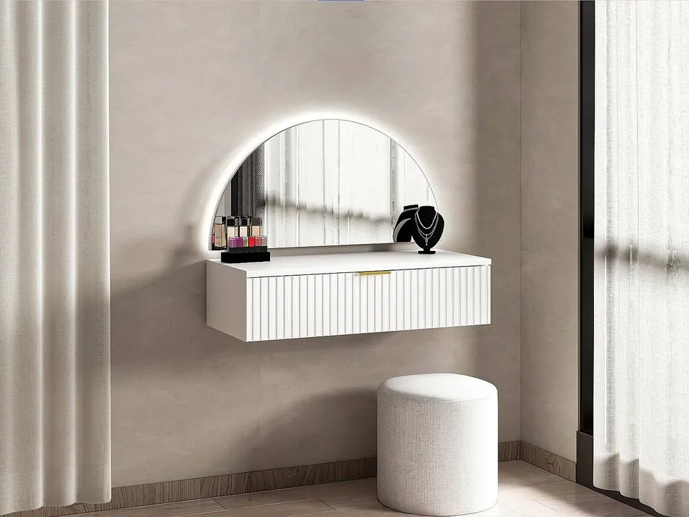 Vente-unique Wall-Mounted Dressing Table With Mirror & LED Lighting - 1 Drawer in White