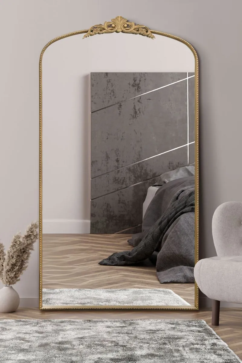 MirrorOutlet Gold Metal Framed Arched Wall Mirror 68" X 38" (174CM X 96CM)