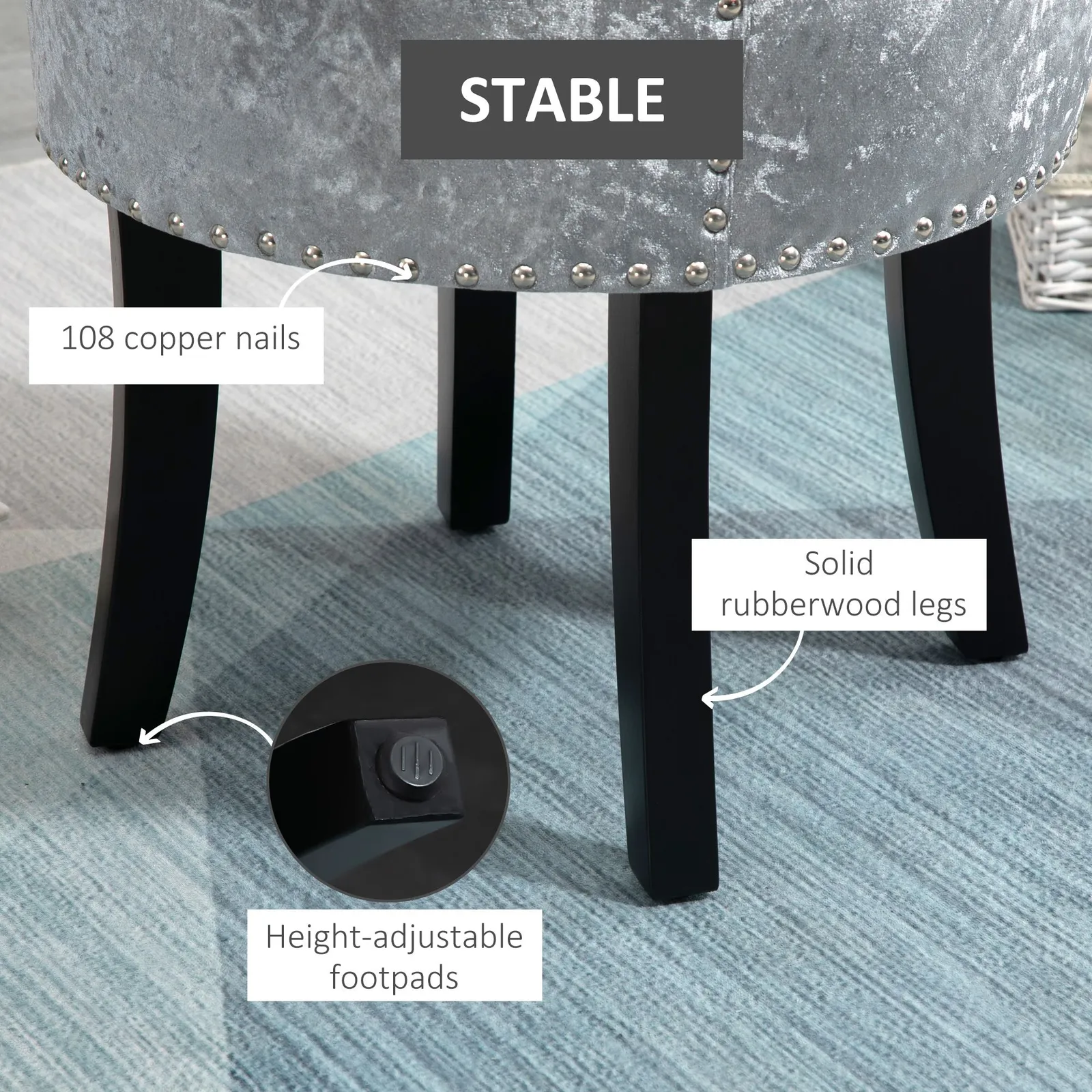 HOMCOM Dressing Table Stool with Rubber Wood Legs for Living Room Bedroom in Grey 6